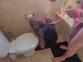 Human toilet indian street girl get pissed on and get her head flushed followed by sucking cock